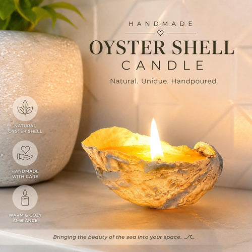 A handmade oyster shell candle with a visible flame, styled on a tabletop next to a textured ceramic pot. The image includes text overlays highlighting its natural oyster shell material, handcrafted nature, and warm cozy ambiance.