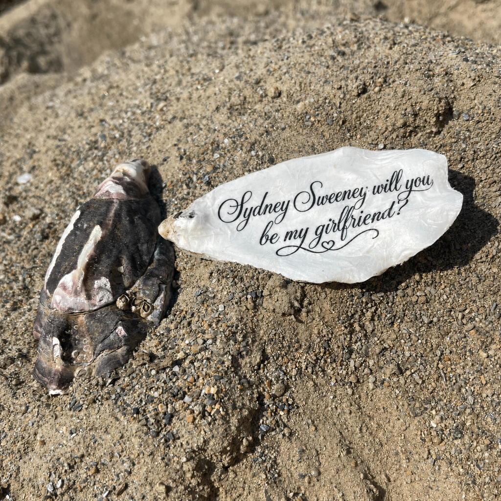 A white stone engraved with the phrase 'Sydney Sweeney will you be my girlfriend?' lies on sandy ground next to a dark, weathered piece of wood or shell.