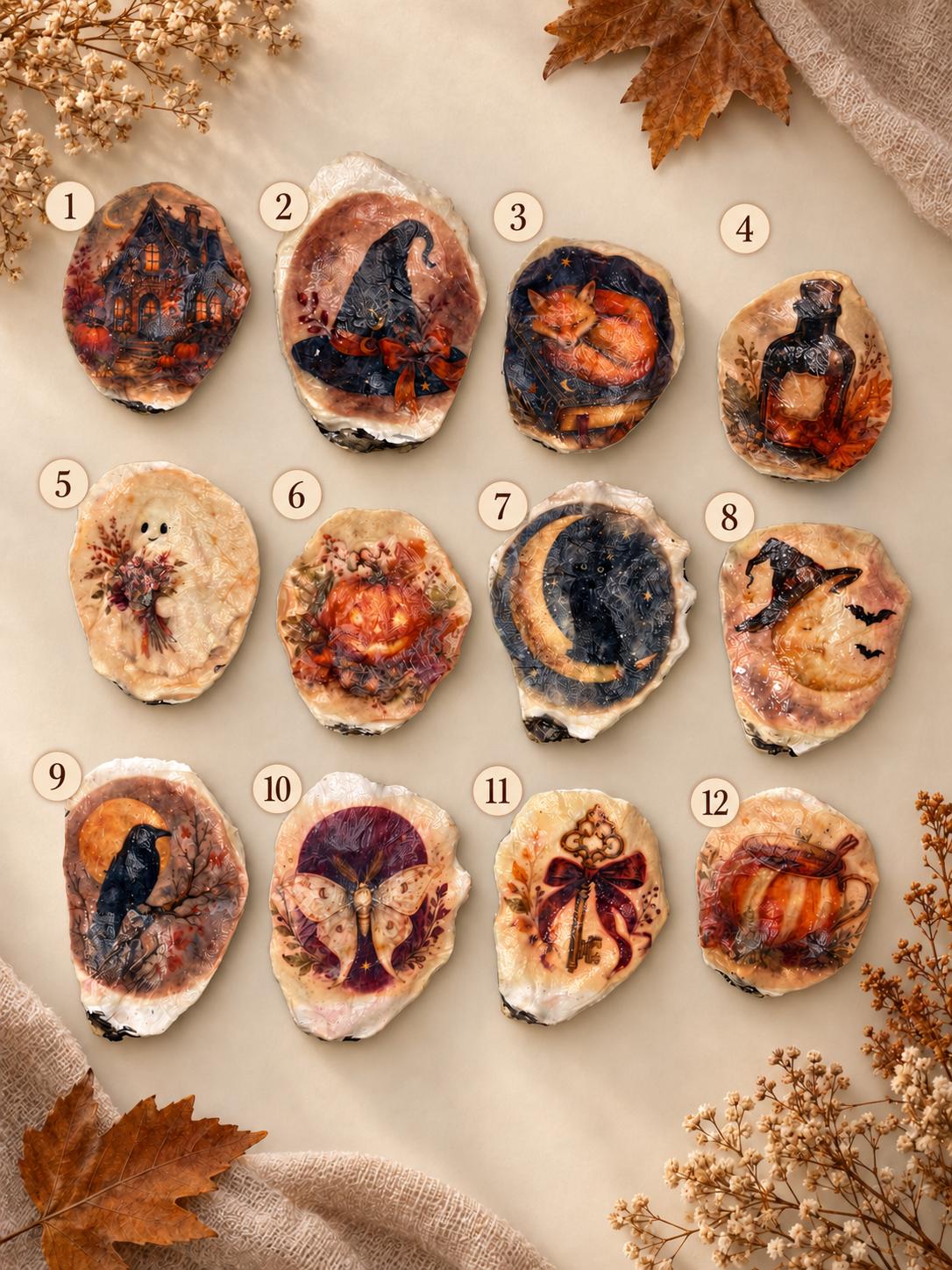 Handmade Oyster Shell Candle & Halloween Decoupage Lid | Autumn Gift Bundle