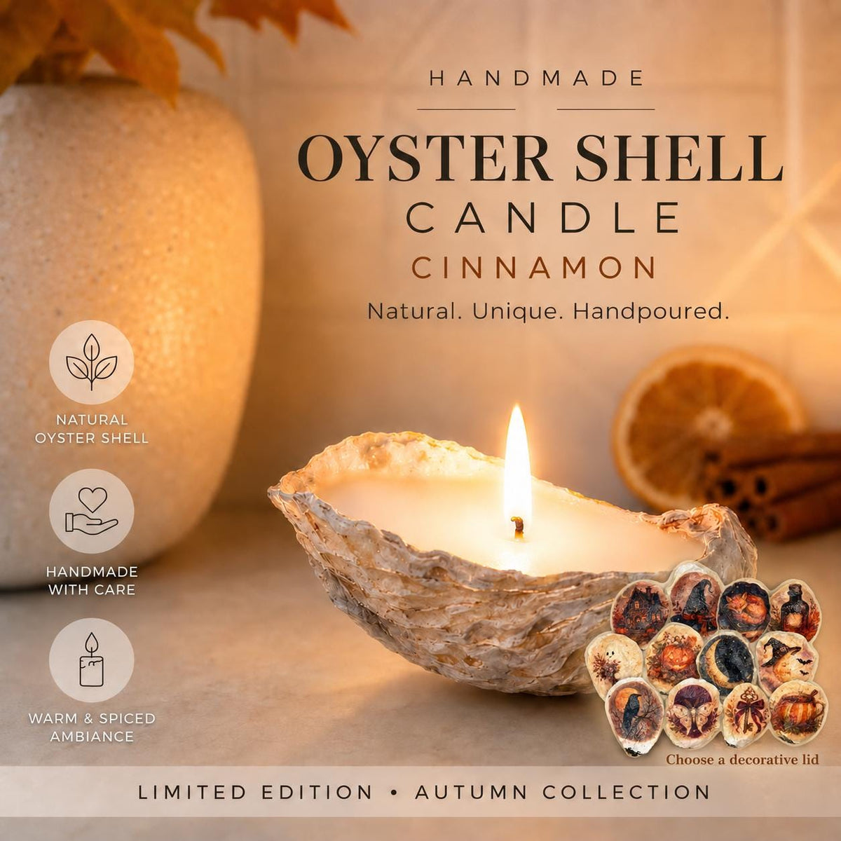 Handmade Oyster Shell Candle & Halloween Decoupage Lid | Autumn Gift Bundle