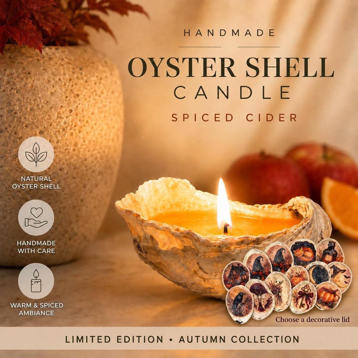 Handmade Oyster Shell Candle & Halloween Decoupage Lid | Autumn Gift Bundle
