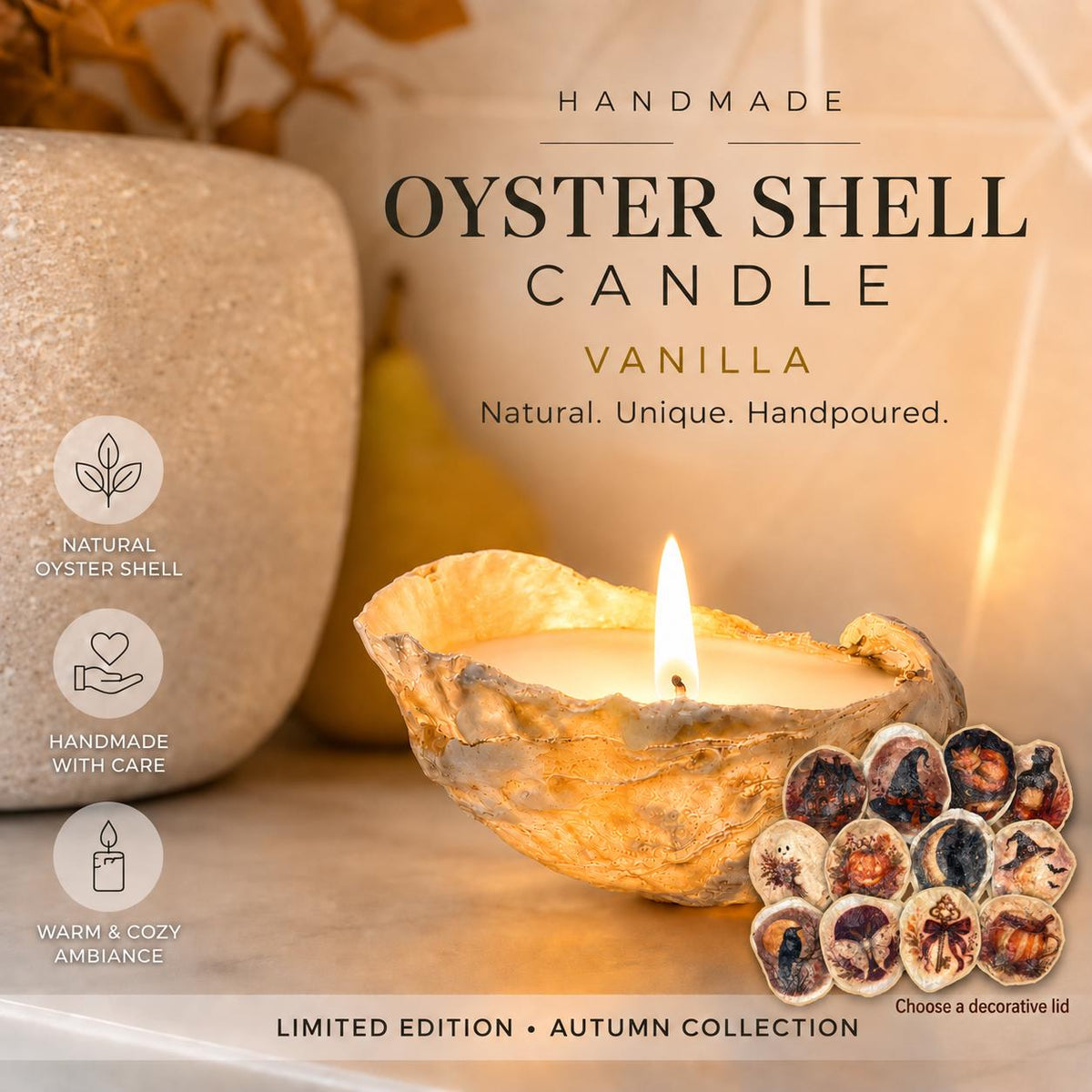 Handmade Oyster Shell Candle & Halloween Decoupage Lid | Autumn Gift Bundle