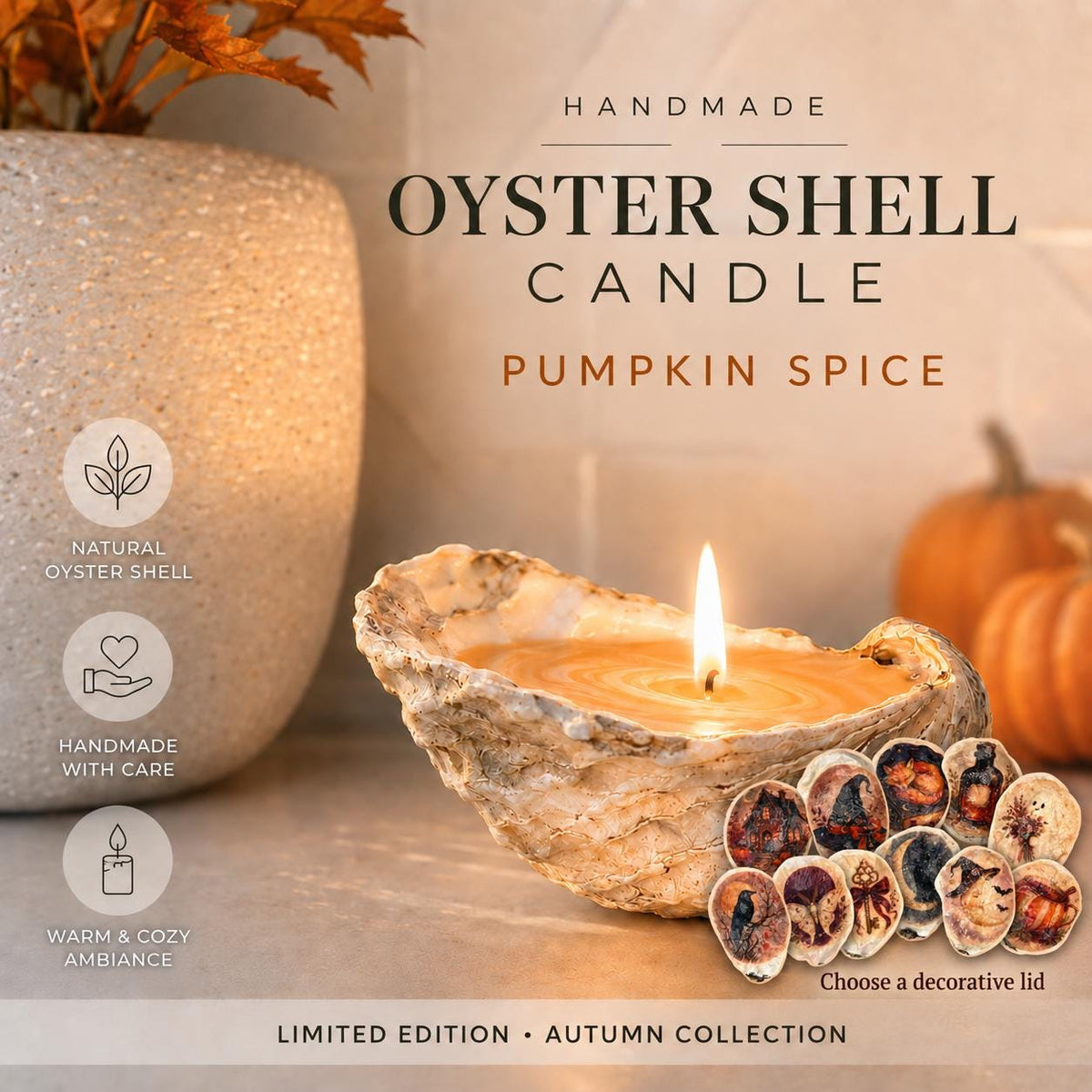 Handmade Oyster Shell Candle & Halloween Decoupage Lid | Autumn Gift Bundle
