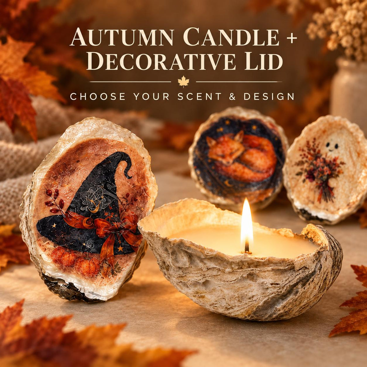 Handmade Oyster Shell Candle & Halloween Decoupage Lid | Autumn Gift Bundle