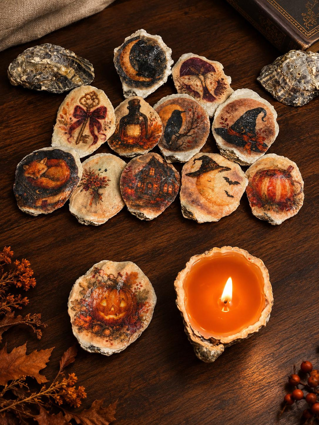 Handmade Oyster Shell Candle & Halloween Decoupage Lid | Autumn Gift Bundle