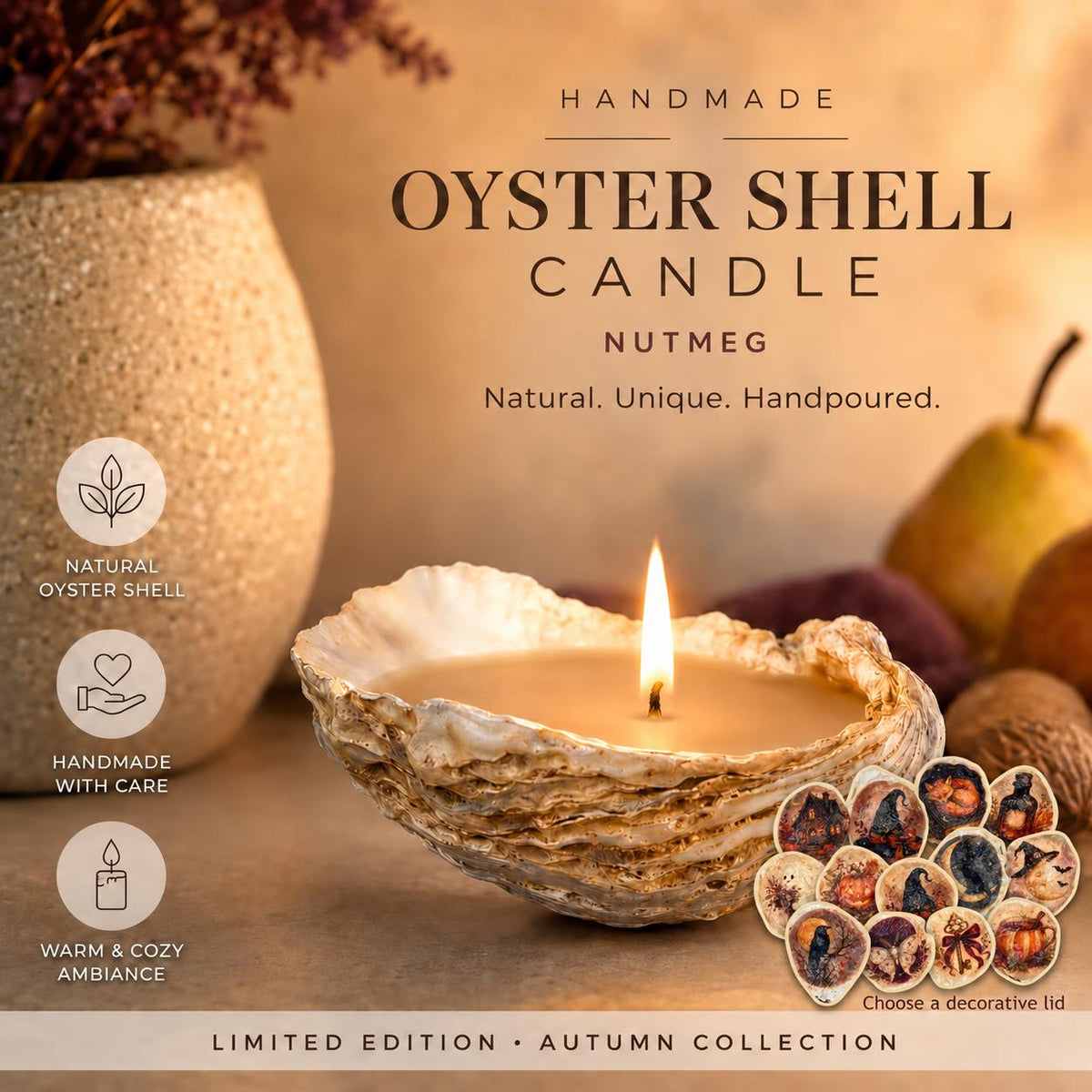 Handmade Oyster Shell Candle & Halloween Decoupage Lid | Autumn Gift Bundle