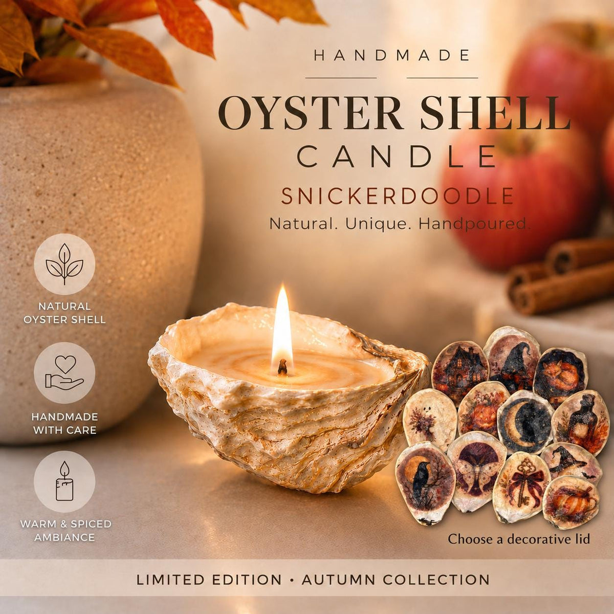 Handmade Oyster Shell Candle & Halloween Decoupage Lid | Autumn Gift Bundle